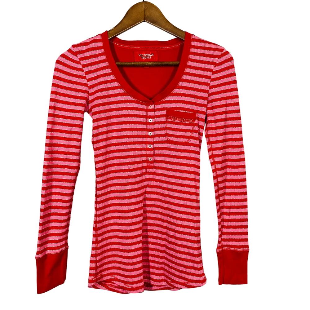 Victoria's Secret Striped Pajama Top Long Sleeve Metallic Holiday Red Scoop - S